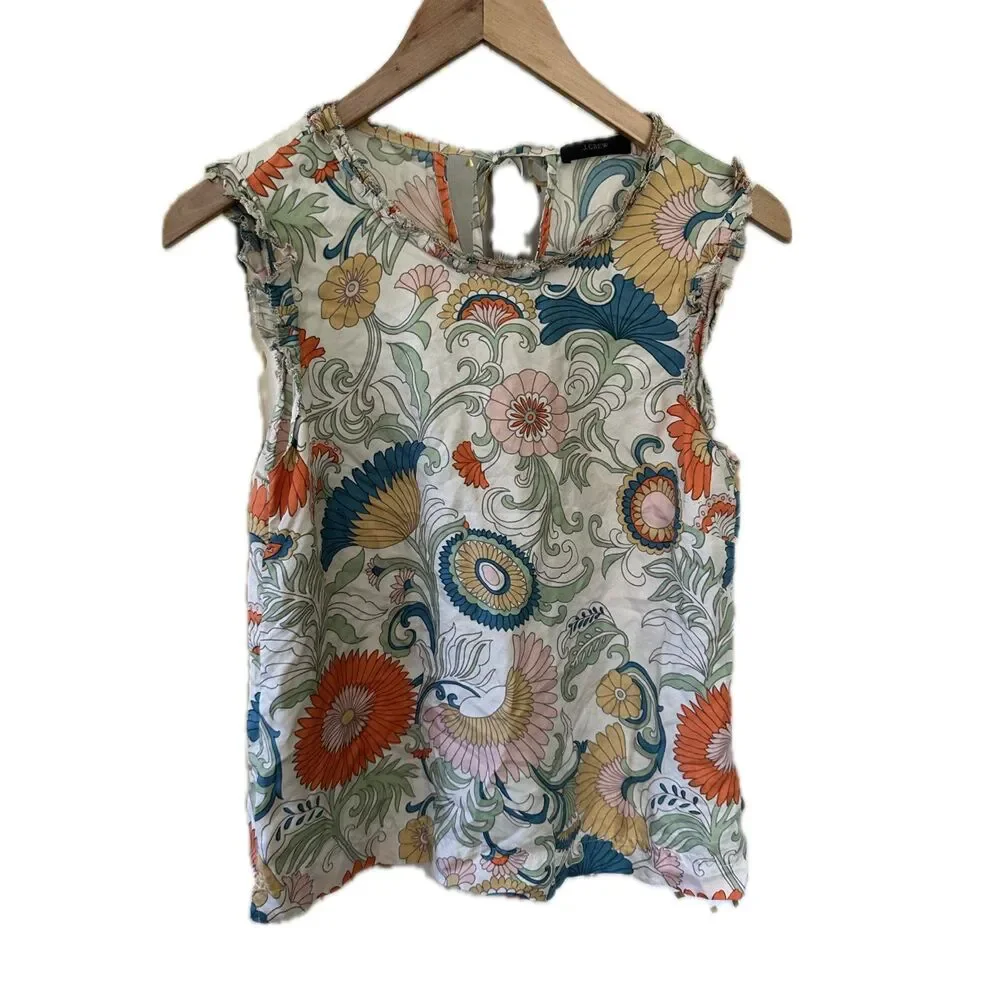 J. Crew Women's 100% Silk Paisley Floral Mini Ruffle Sleeveless Flowy Blouse XS